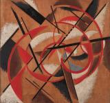 LIUBOV POPOVA SPACE-FORCE CONSTRUCTION 1921 OIL AND WOOD DUST ON WOOD