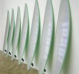 OPAR 7, 2007 INSTALLATION WITH SURFBOARD MODELS BIG-WAVE GUN, RESIN, POLYURETHANE FOAM, PAINT, FABRIC 264 X 500 X 20 CM